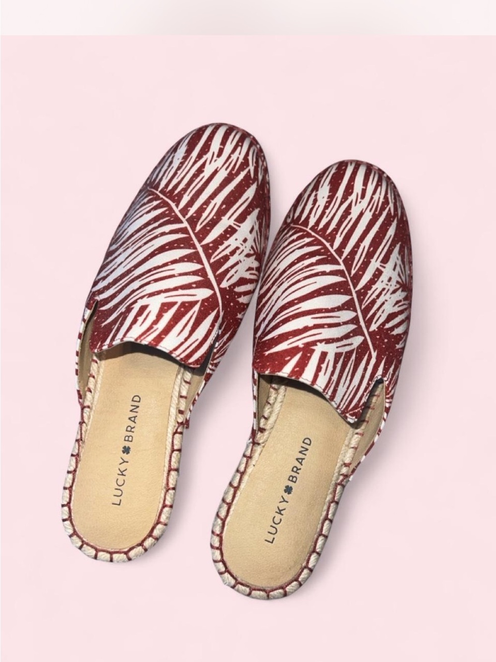 Lucky Brand Red and White Palm-Print Slip-On Mules